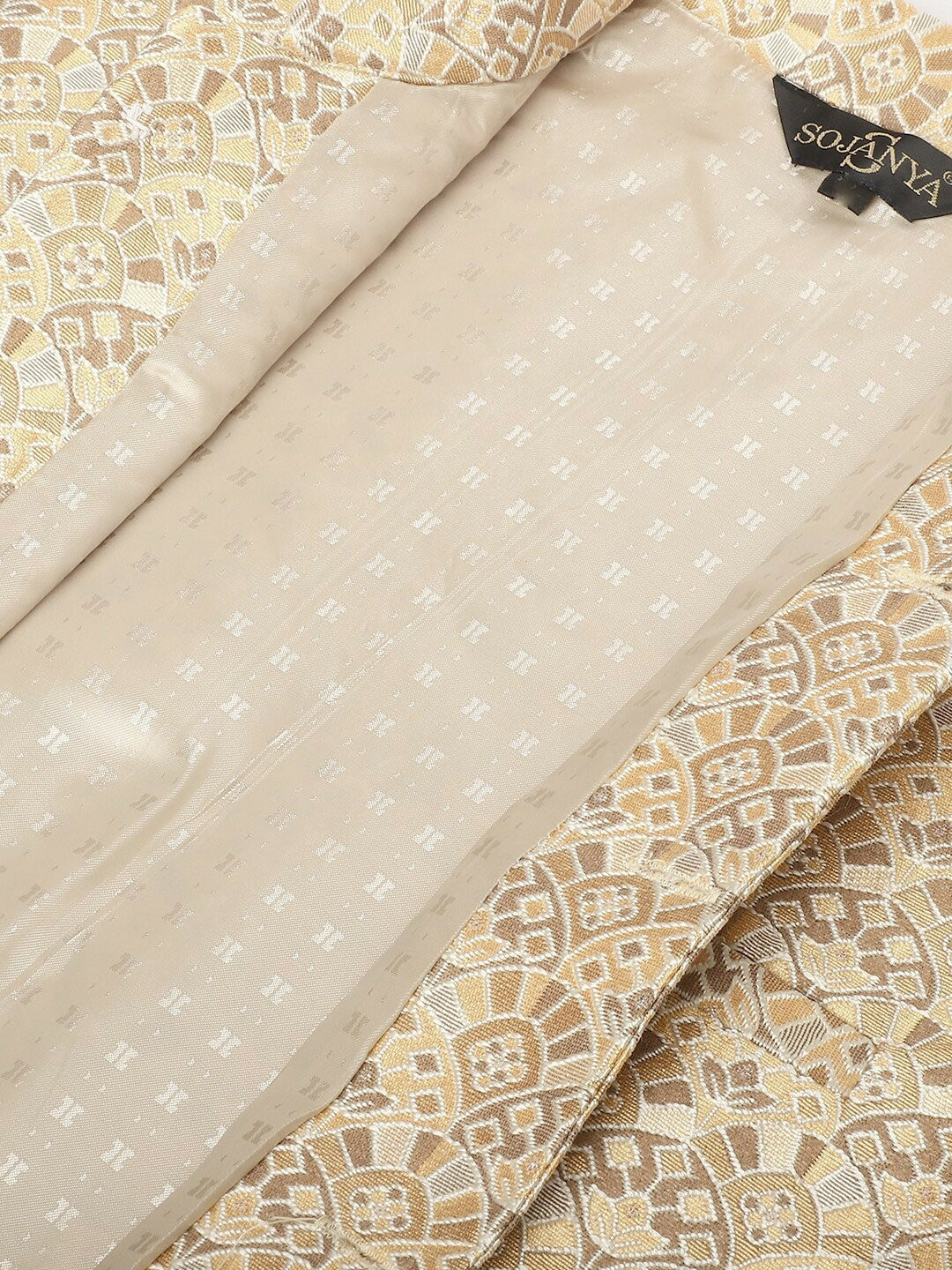 Men’s Beige & Brown Ethnic Motifs Woven Nehru Jacket – Festive Elegance