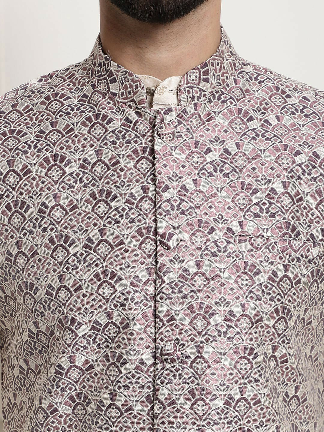 Men’s Purple & White Printed Nehru Jacket – Modern Festive Style