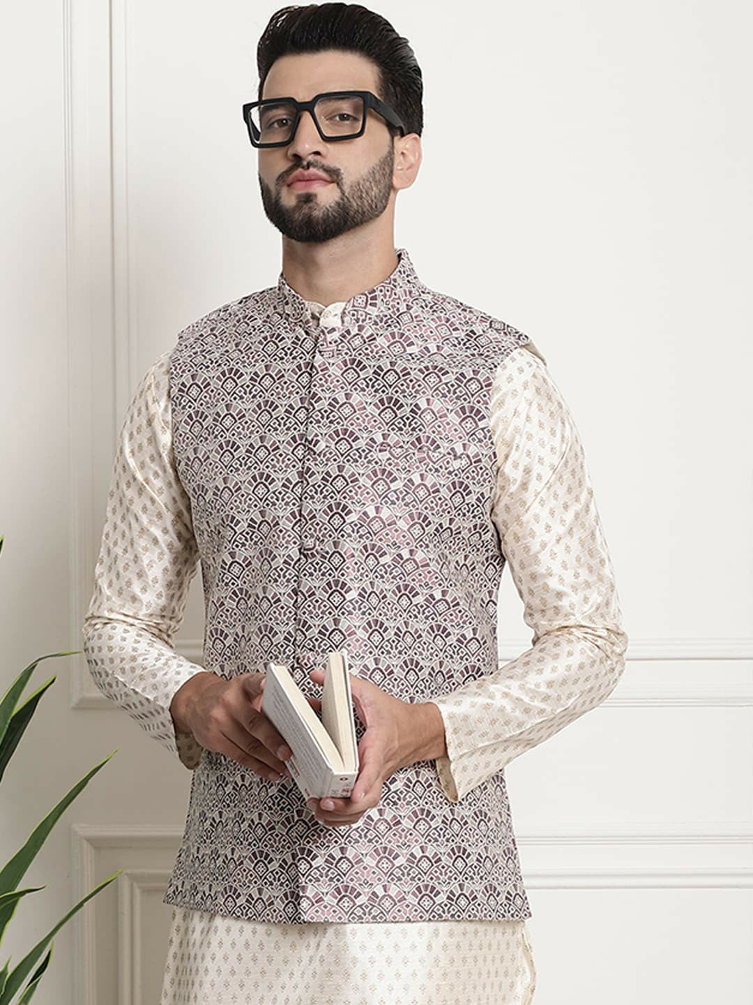 Men’s Purple & White Printed Nehru Jacket – Modern Festive Style