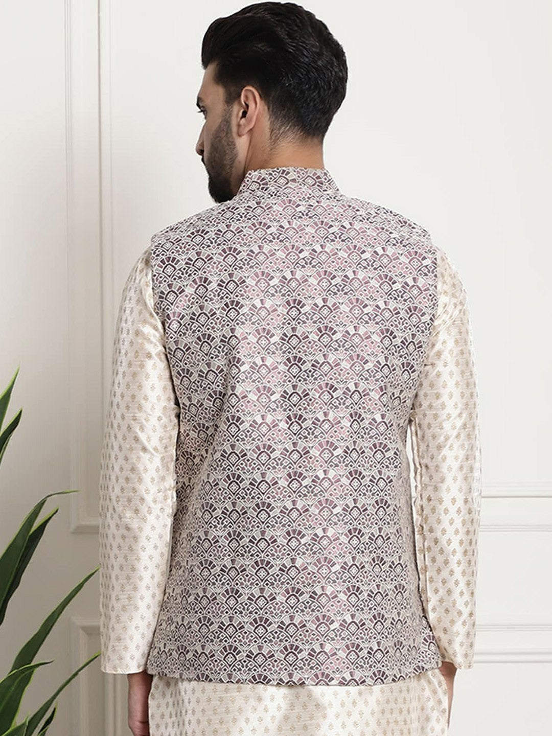 Men’s Purple & White Printed Nehru Jacket – Modern Festive Style