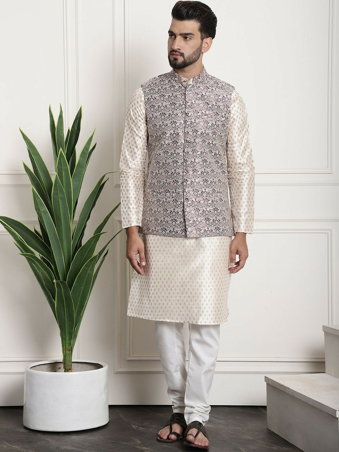 Men’s Purple & White Printed Nehru Jacket – Modern Festive Style