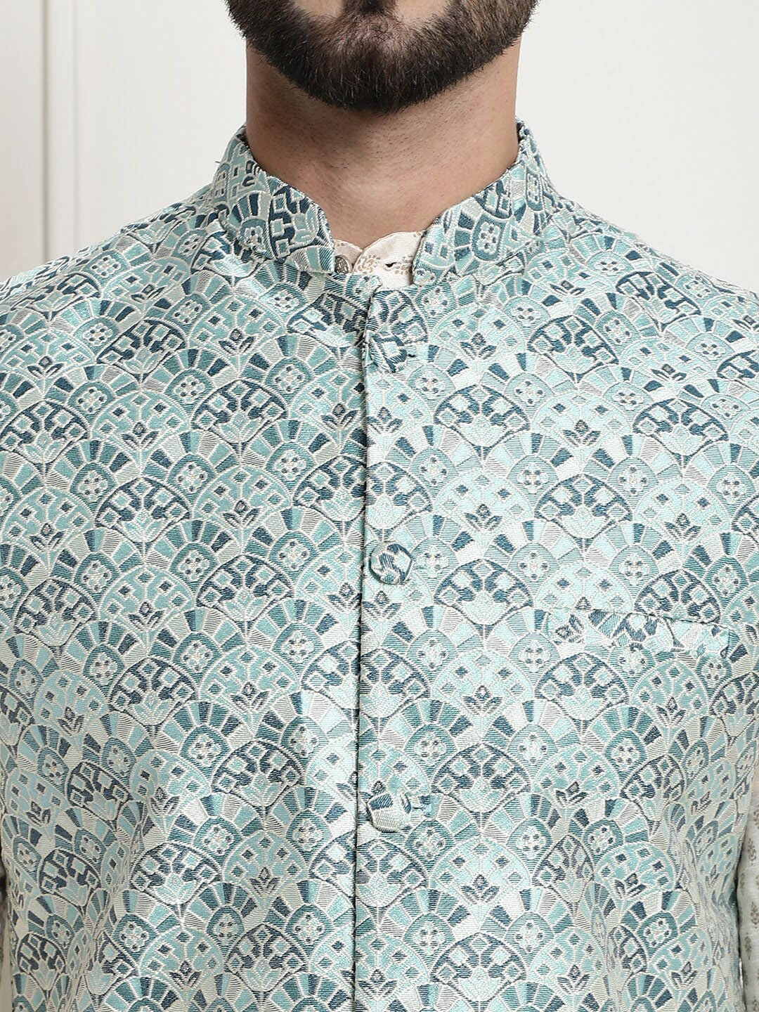 Men’s Emerald Green Ethnic Motifs Woven Nehru Jacket – Festive Classic