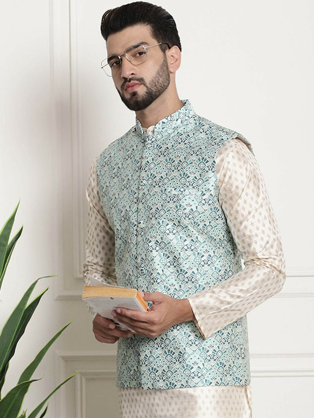 Men’s Emerald Green Ethnic Motifs Woven Nehru Jacket – Festive Classic