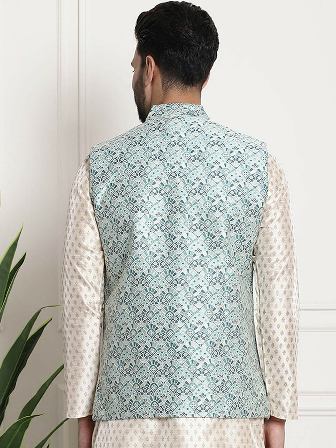 Men’s Emerald Green Ethnic Motifs Woven Nehru Jacket – Festive Classic