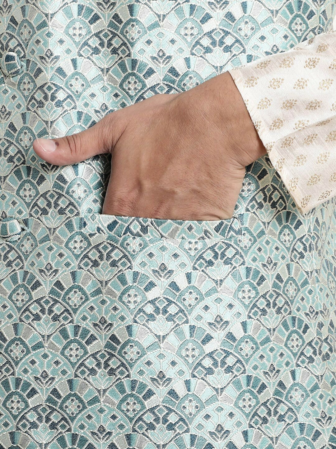 Men’s Emerald Green Ethnic Motifs Woven Nehru Jacket – Festive Classic