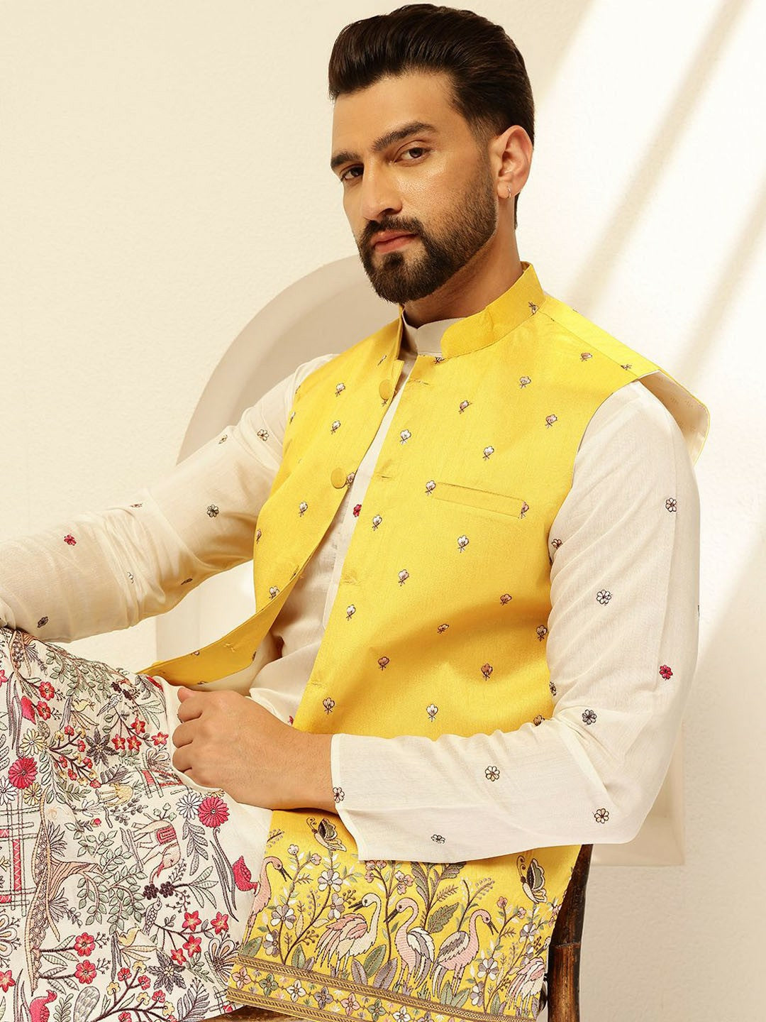 Men’s Yellow Embroidered Woven Nehru Jacket – Festive Charm