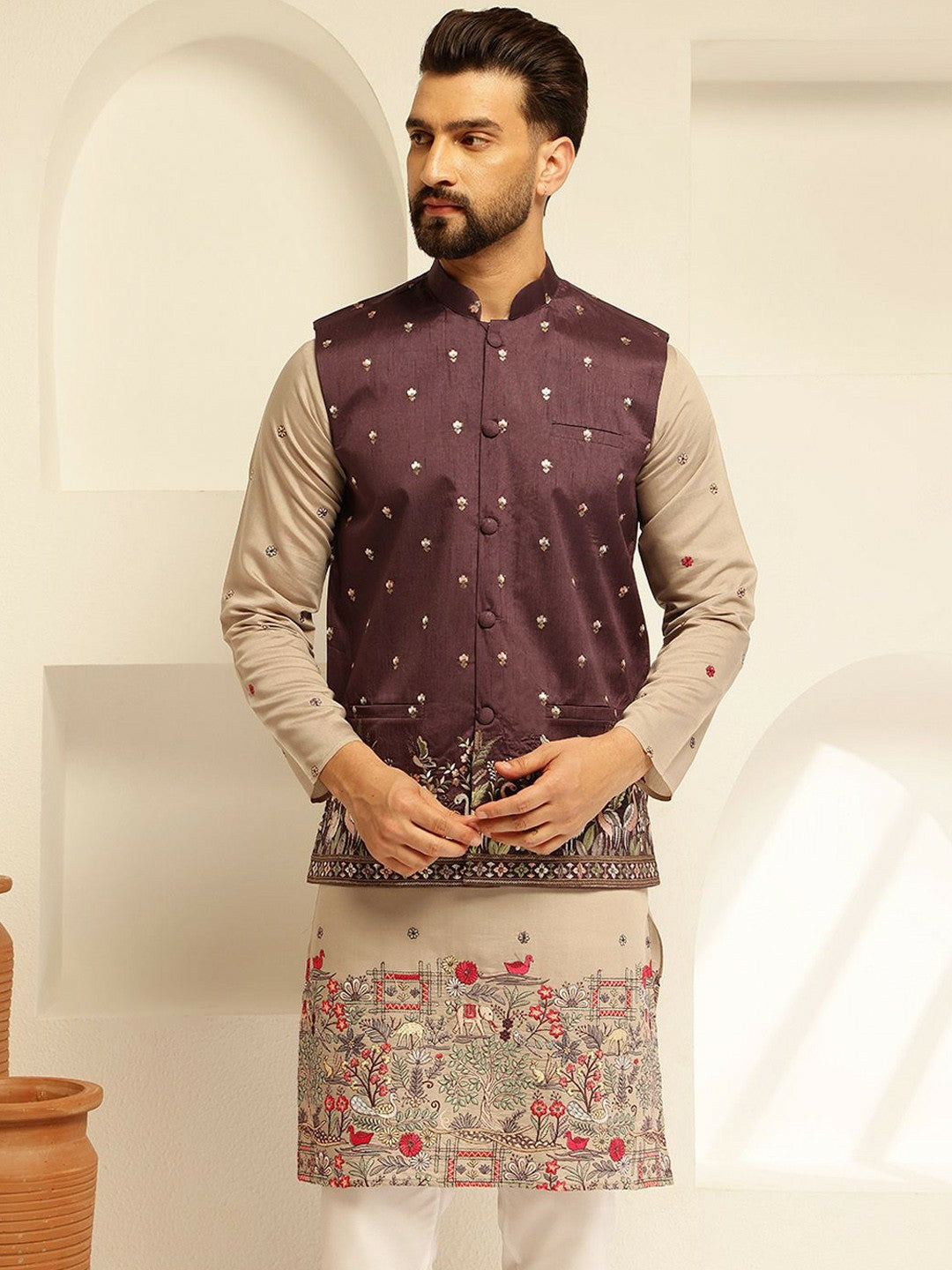 Men’s Rich Burgundy Embroidered Nehru Jacket – Elegant Festive Wear