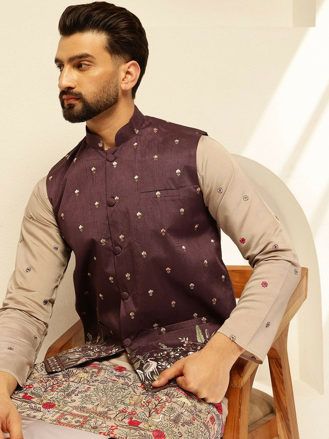 Men’s Rich Burgundy Embroidered Nehru Jacket – Elegant Festive Wear