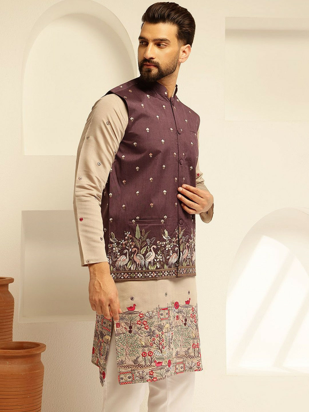 Men’s Rich Burgundy Embroidered Nehru Jacket – Elegant Festive Wear