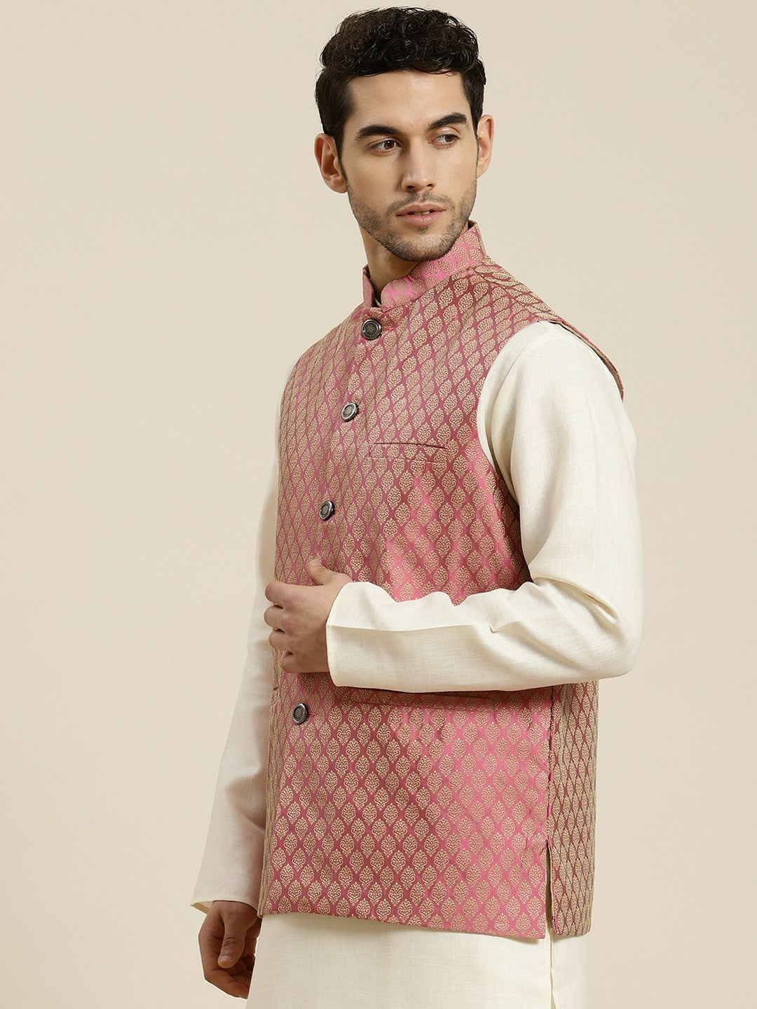Men’s Pink & Beige Self Design Jacquard Nehru Jacket – Traditional Elegance