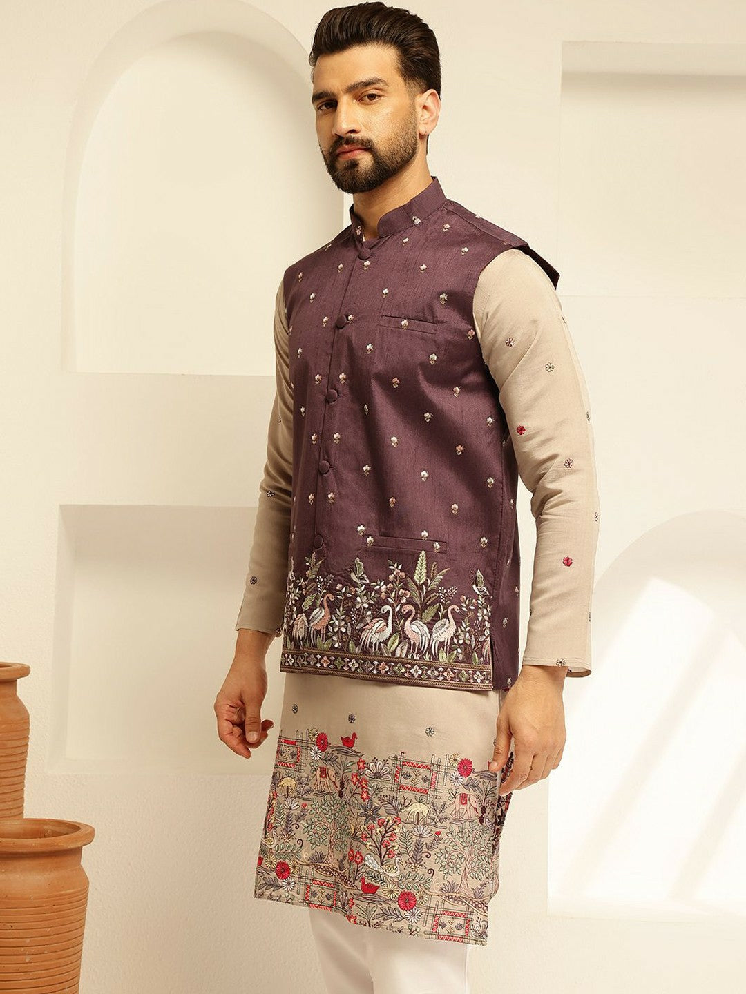 Men’s Rich Burgundy Embroidered Nehru Jacket – Elegant Festive Wear