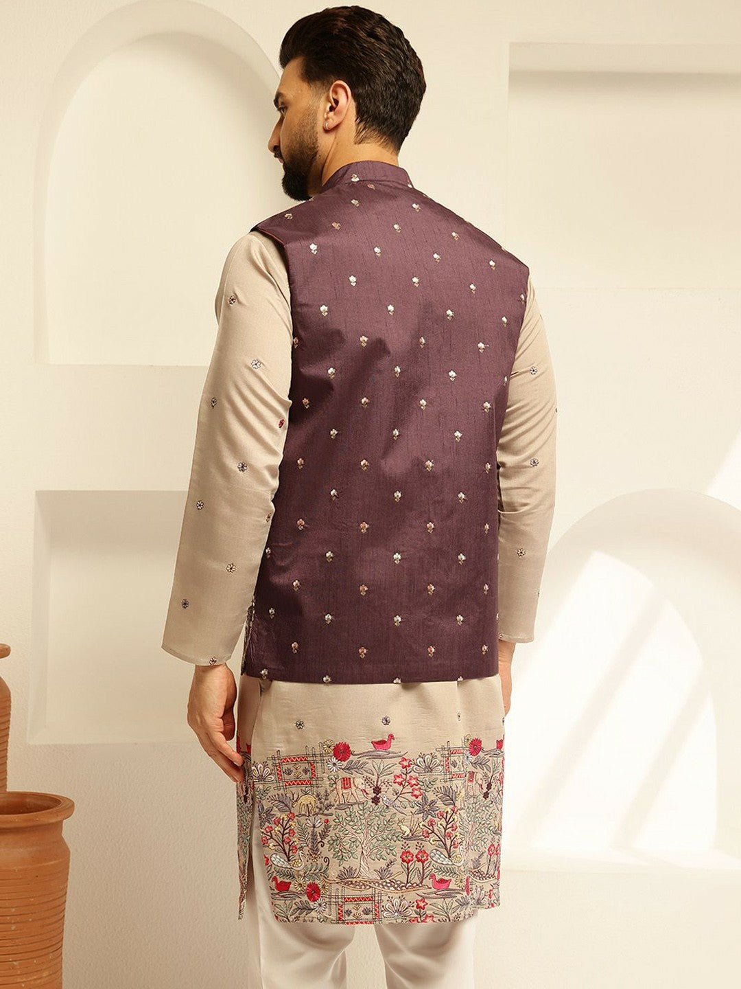 Men’s Rich Burgundy Embroidered Nehru Jacket – Elegant Festive Wear