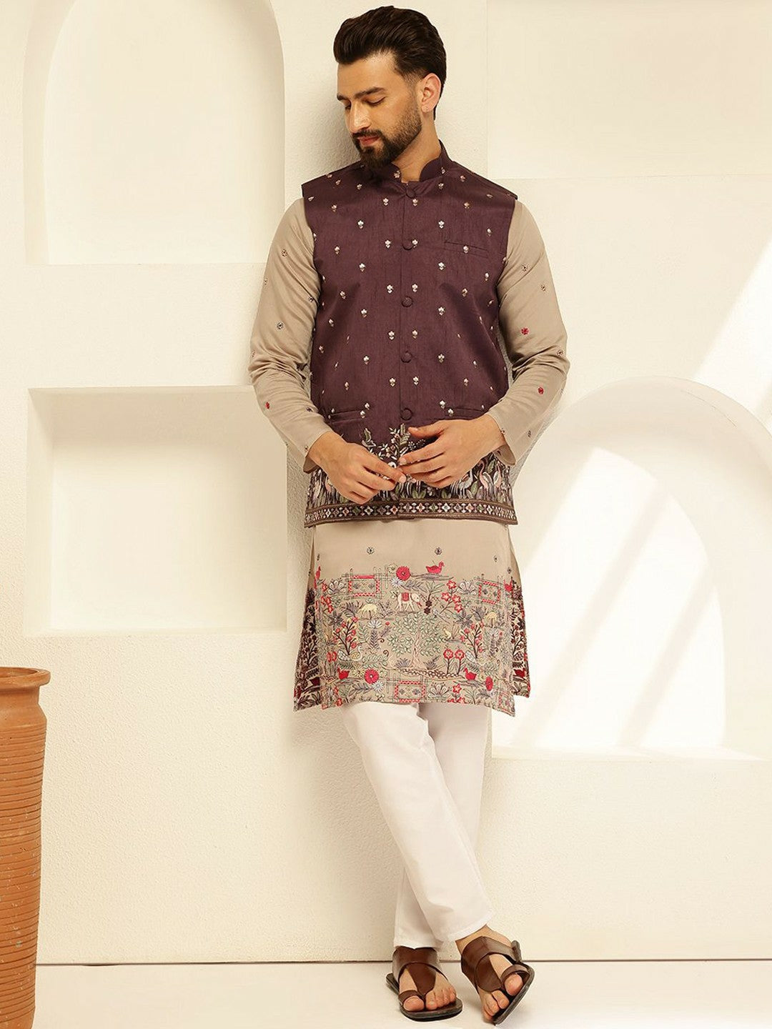 Men’s Rich Burgundy Embroidered Nehru Jacket – Elegant Festive Wear