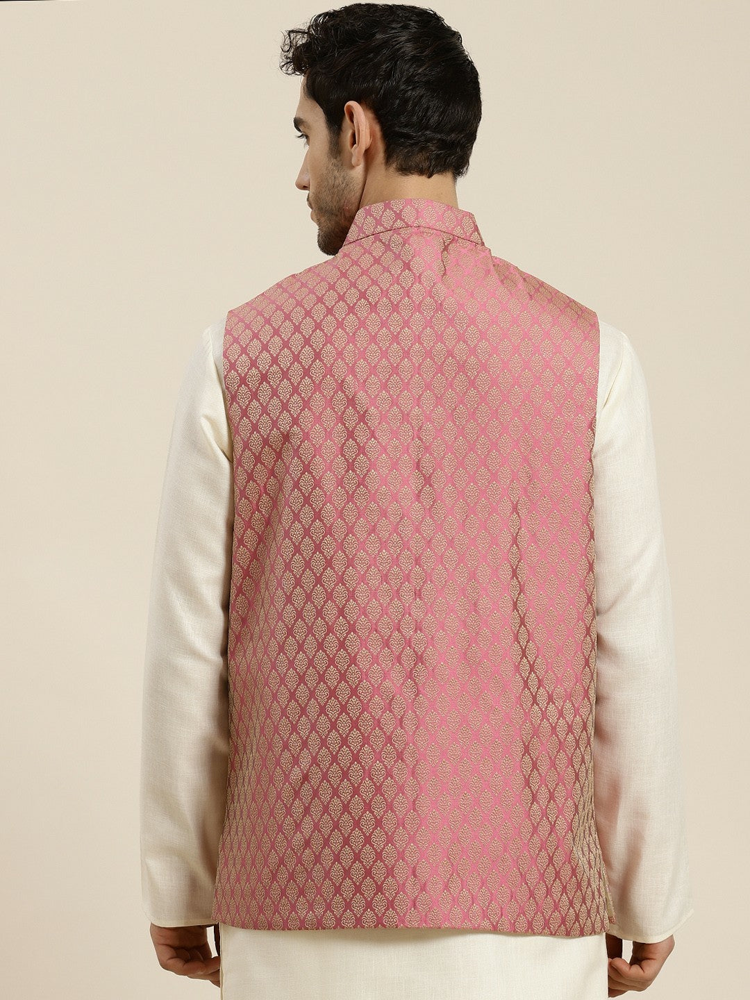Men’s Pink & Beige Self Design Jacquard Nehru Jacket – Traditional Elegance