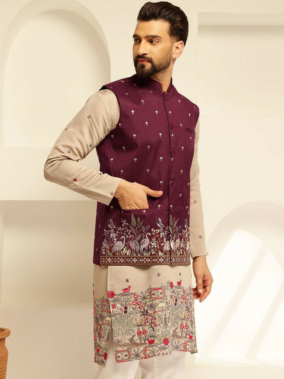 Men’s Maroon Embroidered Brocade Nehru Jacket – Regal Festive Wear