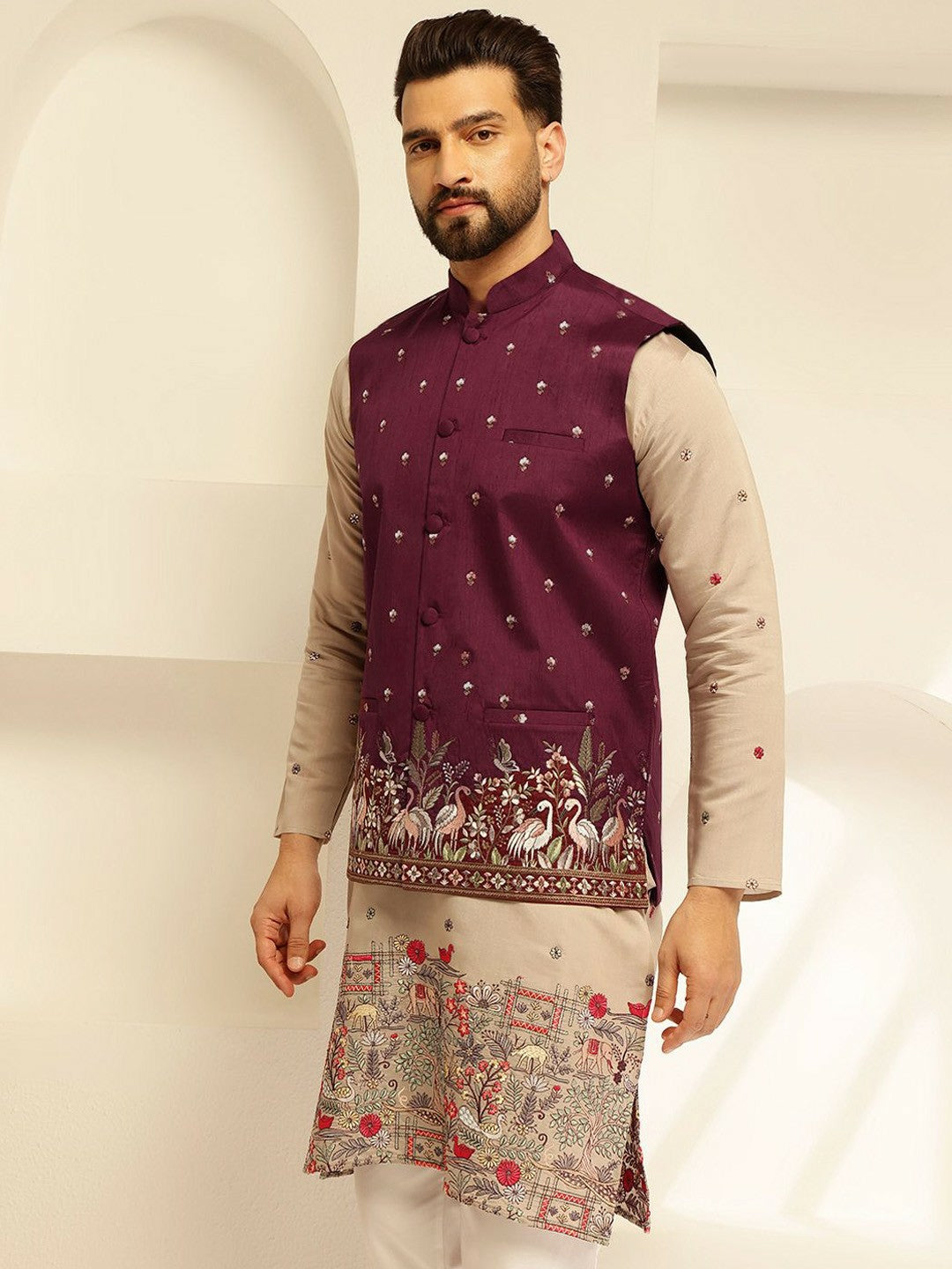 Men’s Maroon Embroidered Brocade Nehru Jacket – Regal Festive Wear