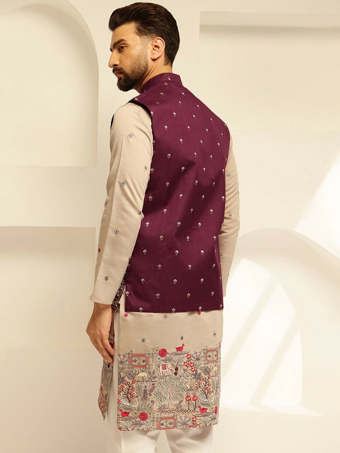 Men’s Maroon Embroidered Brocade Nehru Jacket – Regal Festive Wear