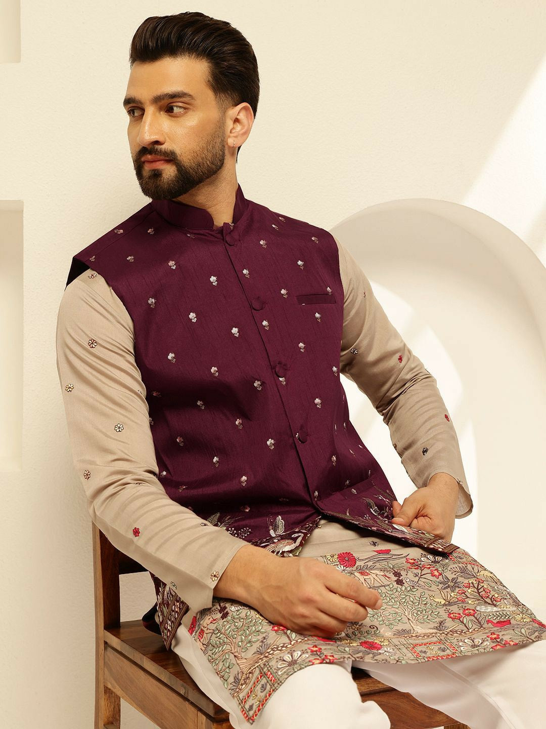 Men’s Maroon Embroidered Brocade Nehru Jacket – Regal Festive Wear