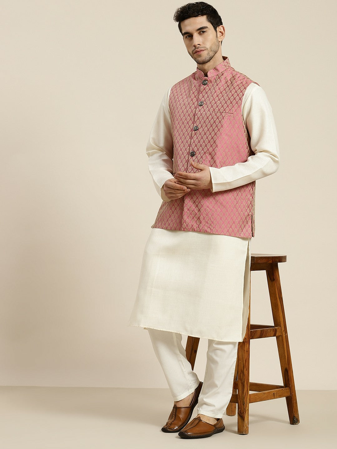 Men’s Pink & Beige Self Design Jacquard Nehru Jacket – Traditional Elegance