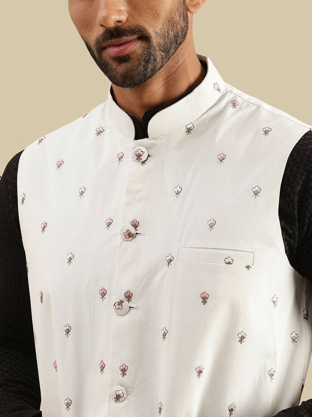 Men’s Cream Embroidered Woven Nehru Jacket – Elegant Traditional Wear