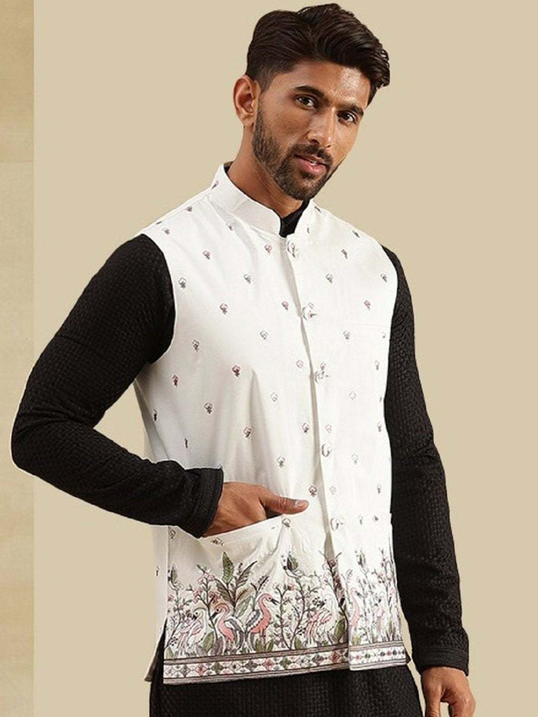 Men’s Cream Embroidered Woven Nehru Jacket – Elegant Traditional Wear