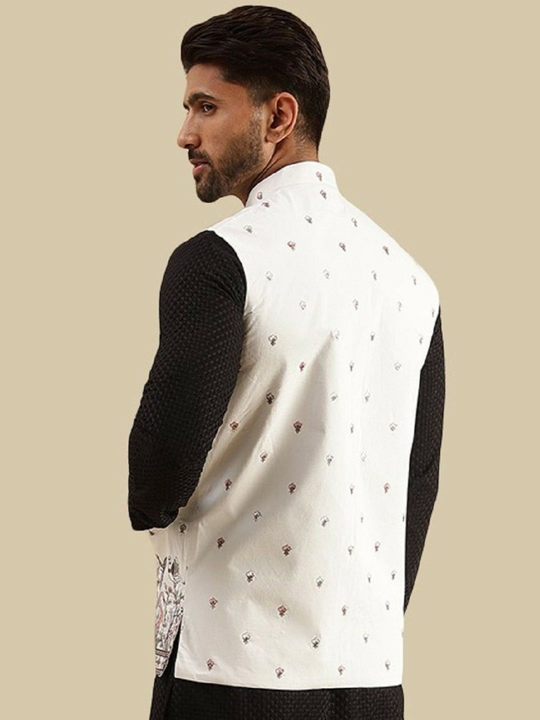 Men’s Cream Embroidered Woven Nehru Jacket – Elegant Traditional Wear