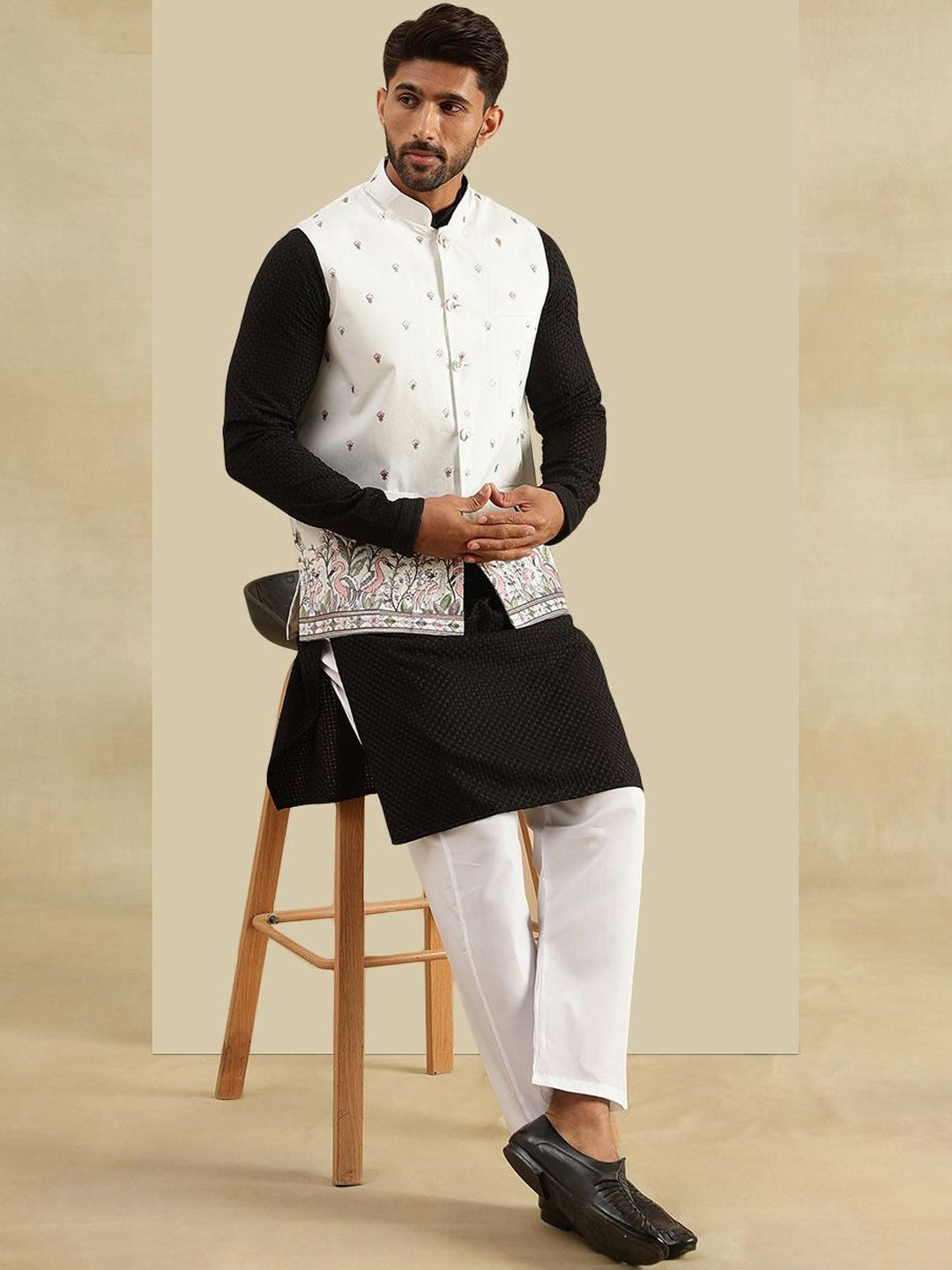 Men’s Cream Embroidered Woven Nehru Jacket – Elegant Traditional Wear
