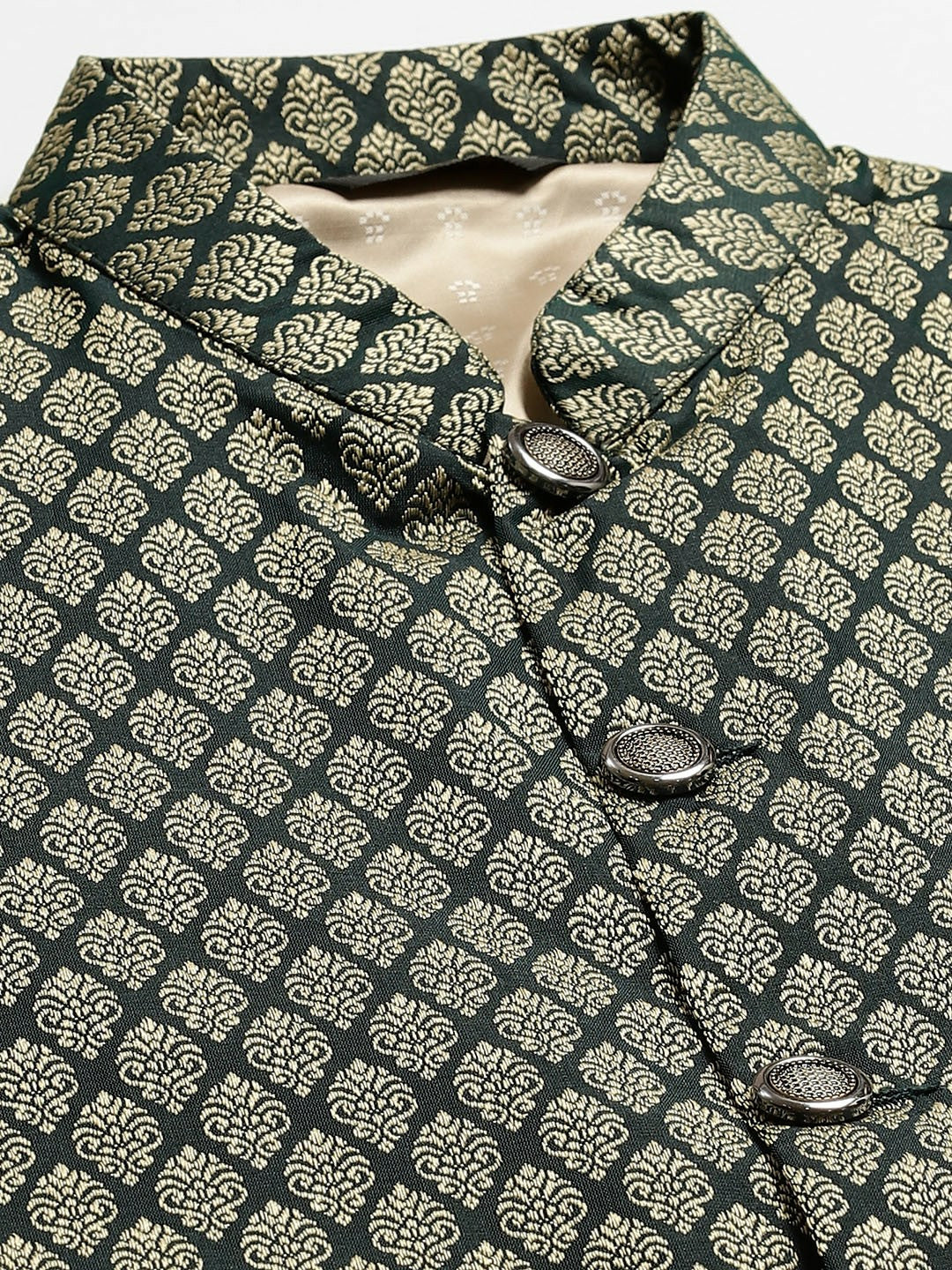 Men’s Olive Green & Beige Woven Design Jacquard Silk Nehru Jacket – Traditional Elegance