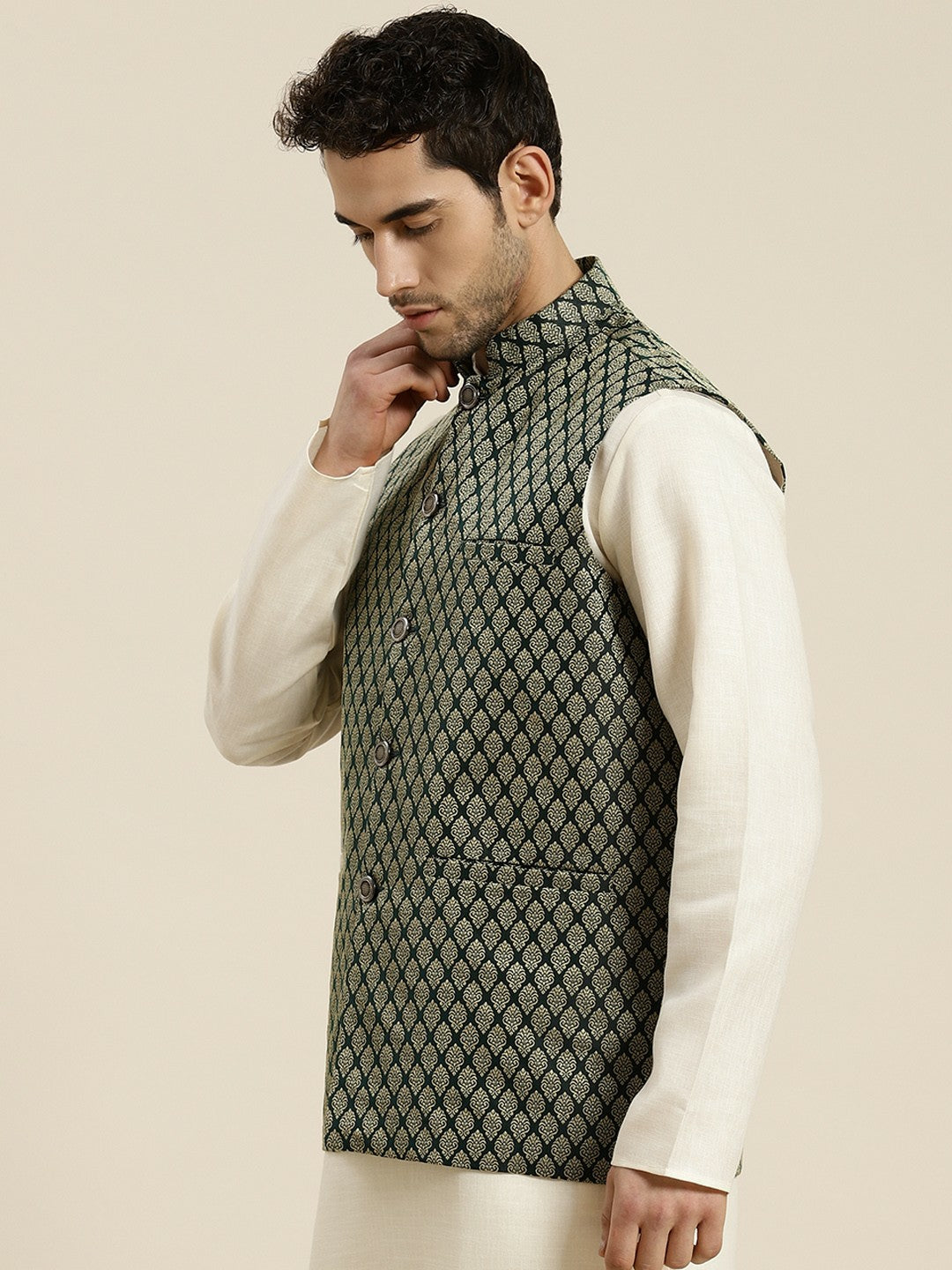 Men’s Olive Green & Beige Woven Design Jacquard Silk Nehru Jacket – Traditional Elegance