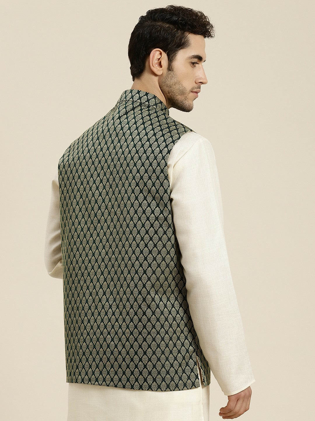 Men’s Olive Green & Beige Woven Design Jacquard Silk Nehru Jacket – Traditional Elegance