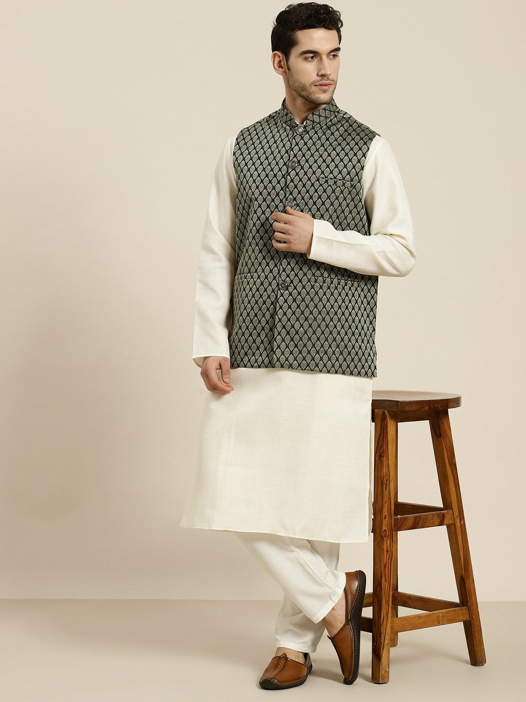 Men’s Olive Green & Beige Woven Design Jacquard Silk Nehru Jacket – Traditional Elegance