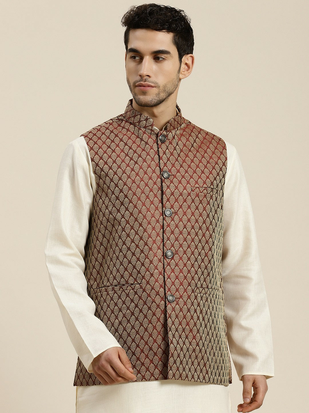 Men’s Maroon & Beige Woven Design Jacquard Silk Nehru Jacket – Traditional Elegance