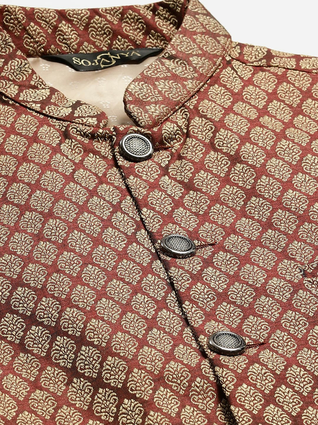 Men’s Maroon & Beige Woven Design Jacquard Silk Nehru Jacket – Traditional Elegance