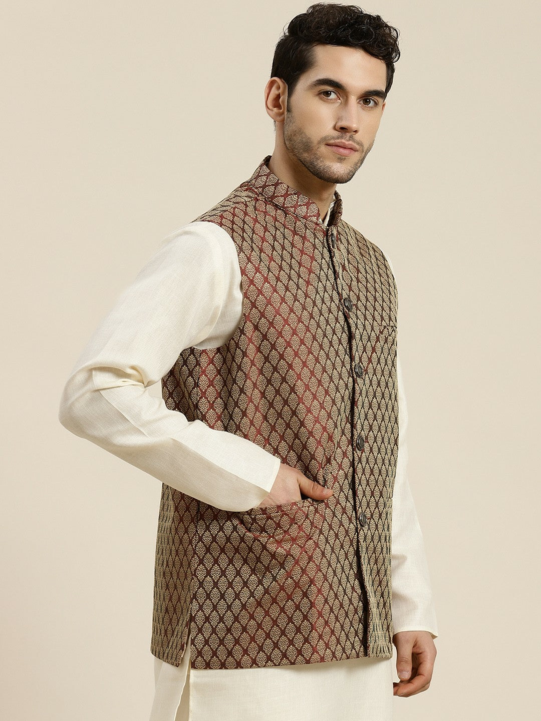 Men’s Maroon & Beige Woven Design Jacquard Silk Nehru Jacket – Traditional Elegance