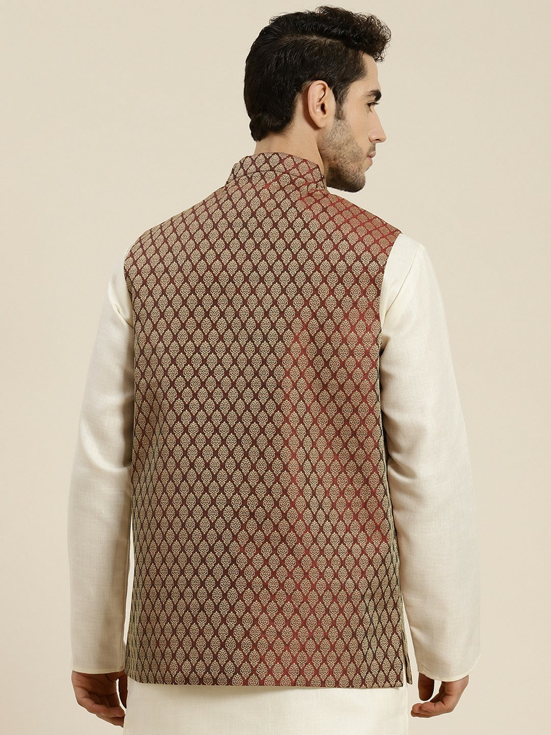 Men’s Maroon & Beige Woven Design Jacquard Silk Nehru Jacket – Traditional Elegance