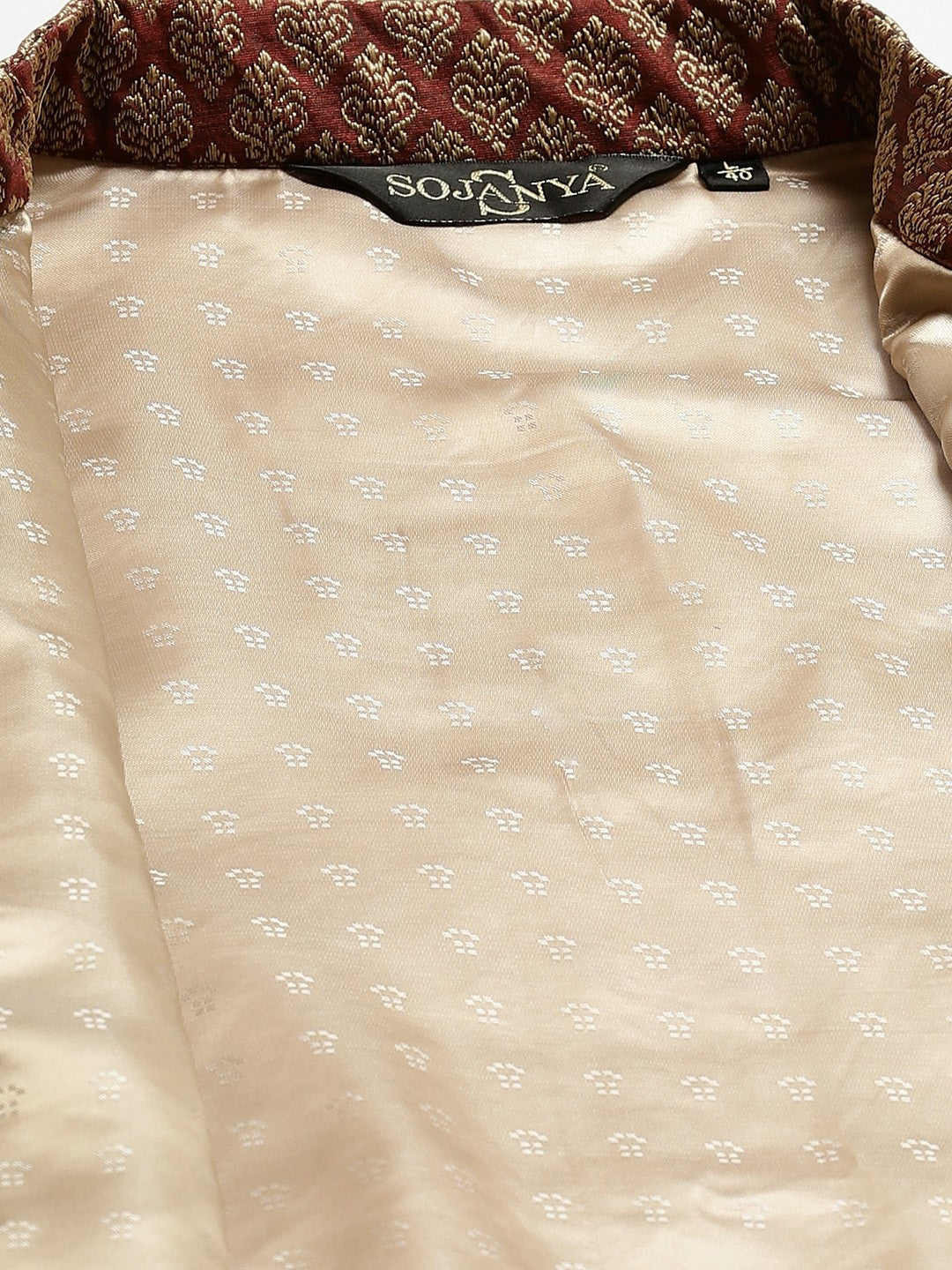 Men’s Maroon & Beige Woven Design Jacquard Silk Nehru Jacket – Traditional Elegance