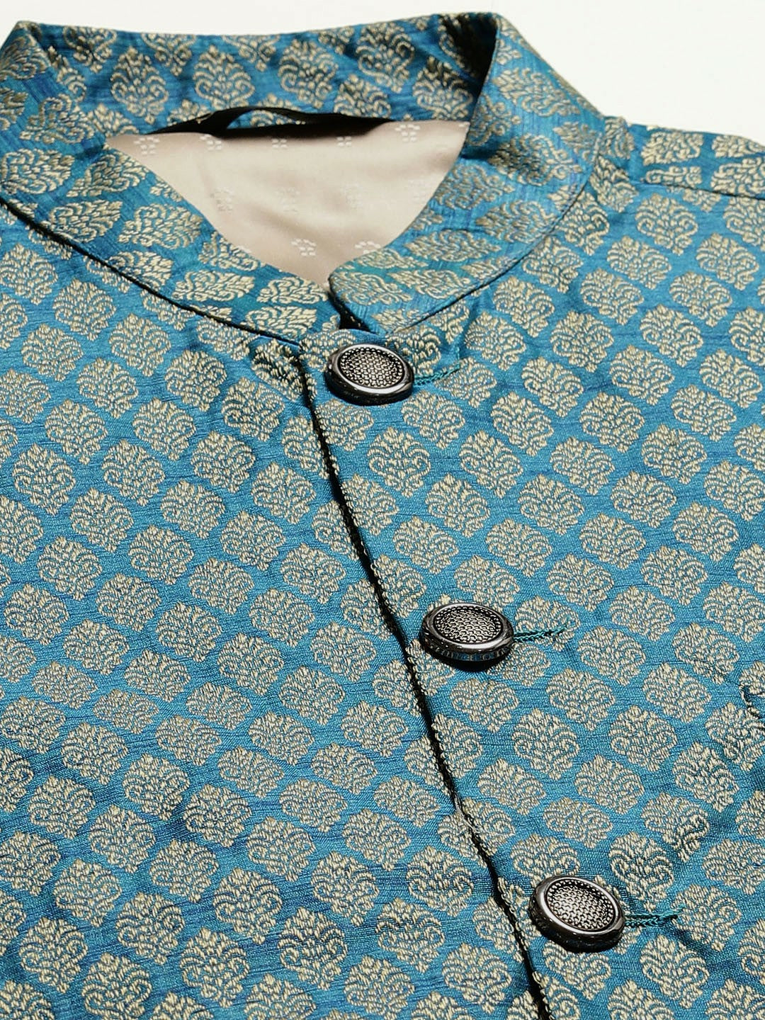 Men’s Teal Blue & Beige Woven Design Jacquard Nehru Jacket – Traditional Elegance