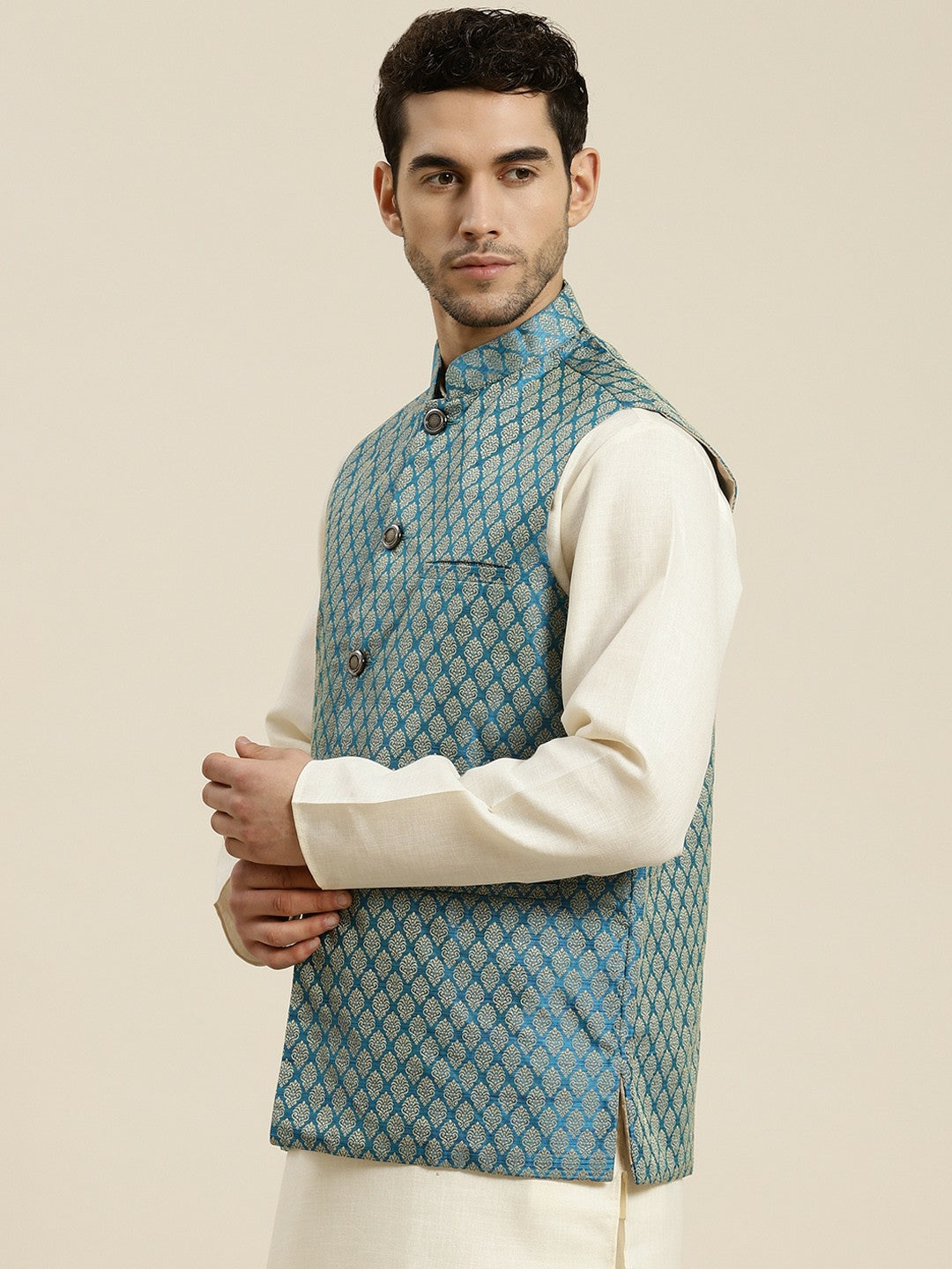 Men’s Teal Blue & Beige Woven Design Jacquard Nehru Jacket – Traditional Elegance