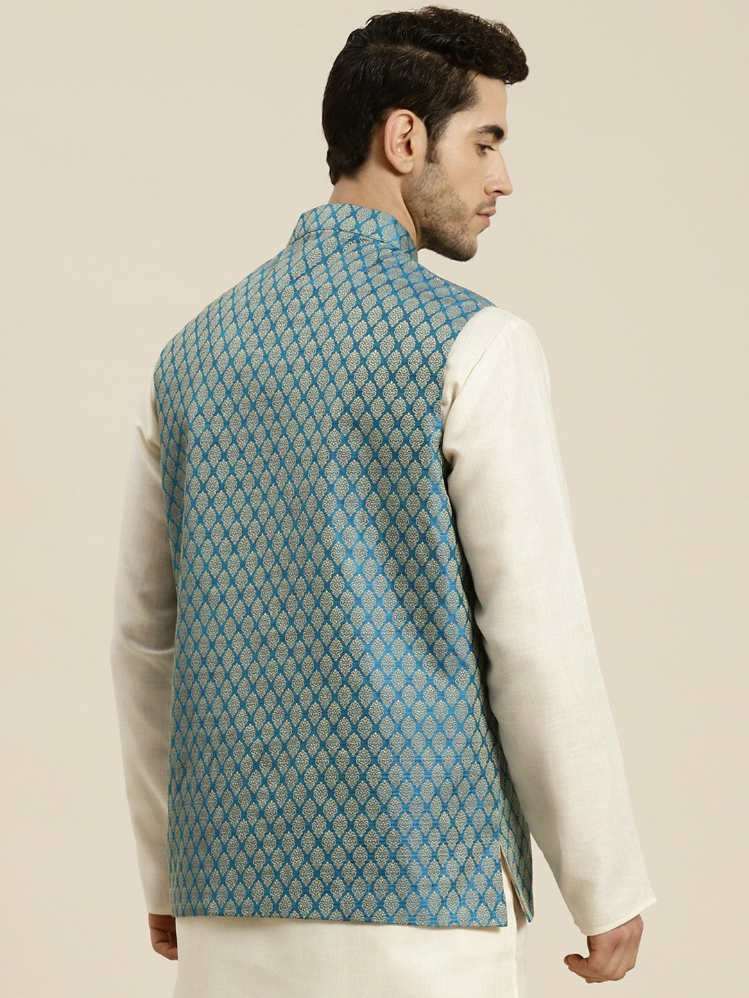 Men’s Teal Blue & Beige Woven Design Jacquard Nehru Jacket – Traditional Elegance