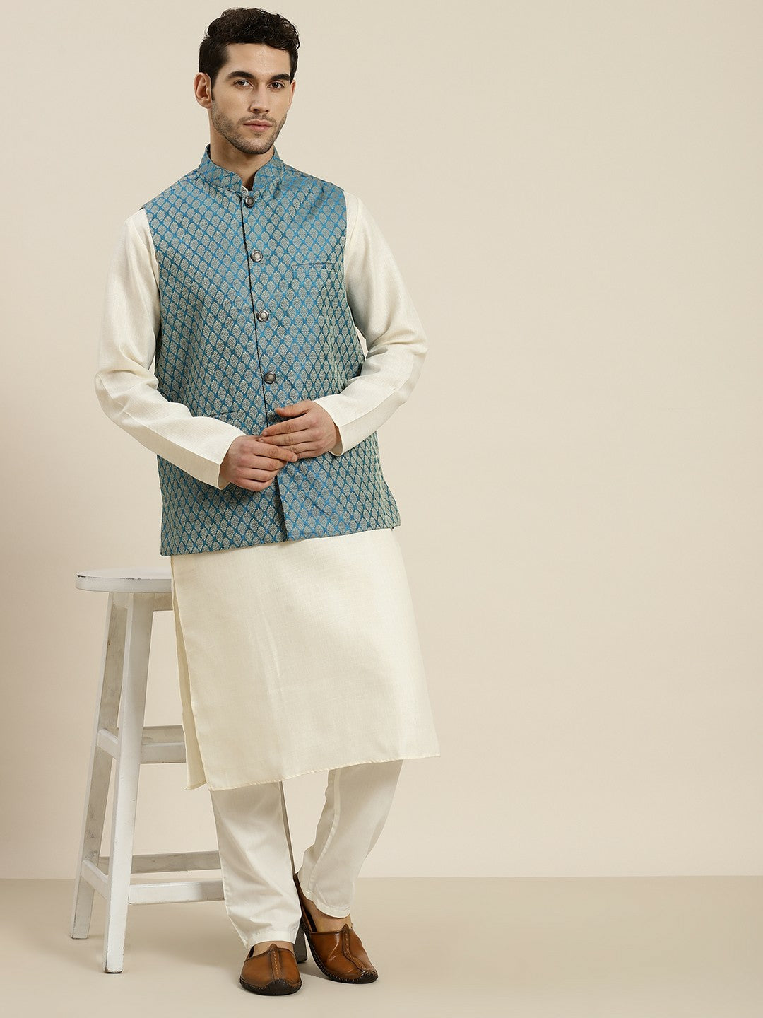 Men’s Teal Blue & Beige Woven Design Jacquard Nehru Jacket – Traditional Elegance