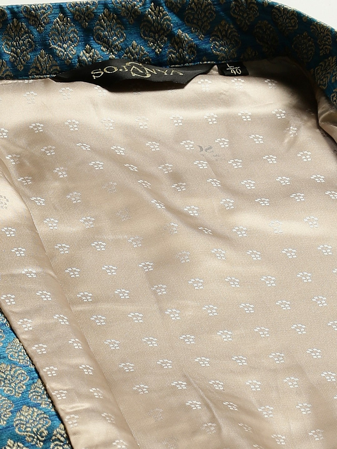 Men’s Teal Blue & Beige Woven Design Jacquard Nehru Jacket – Traditional Elegance