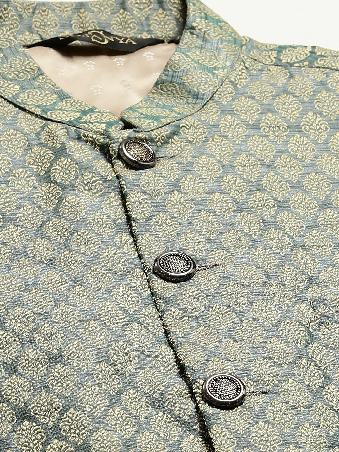 Men’s Green & Beige Woven Design Jacquard Silk Nehru Jacket – Traditional Elegance