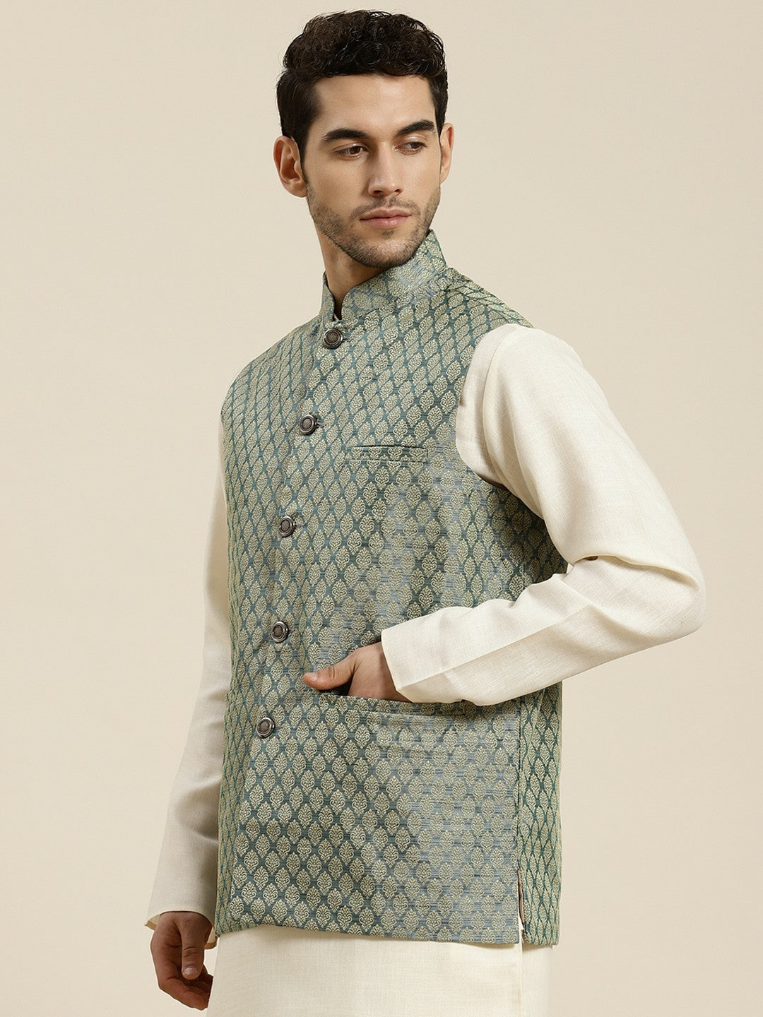 Men’s Green & Beige Woven Design Jacquard Silk Nehru Jacket – Traditional Elegance
