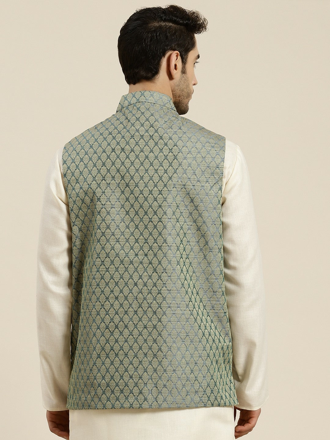Men’s Green & Beige Woven Design Jacquard Silk Nehru Jacket – Traditional Elegance