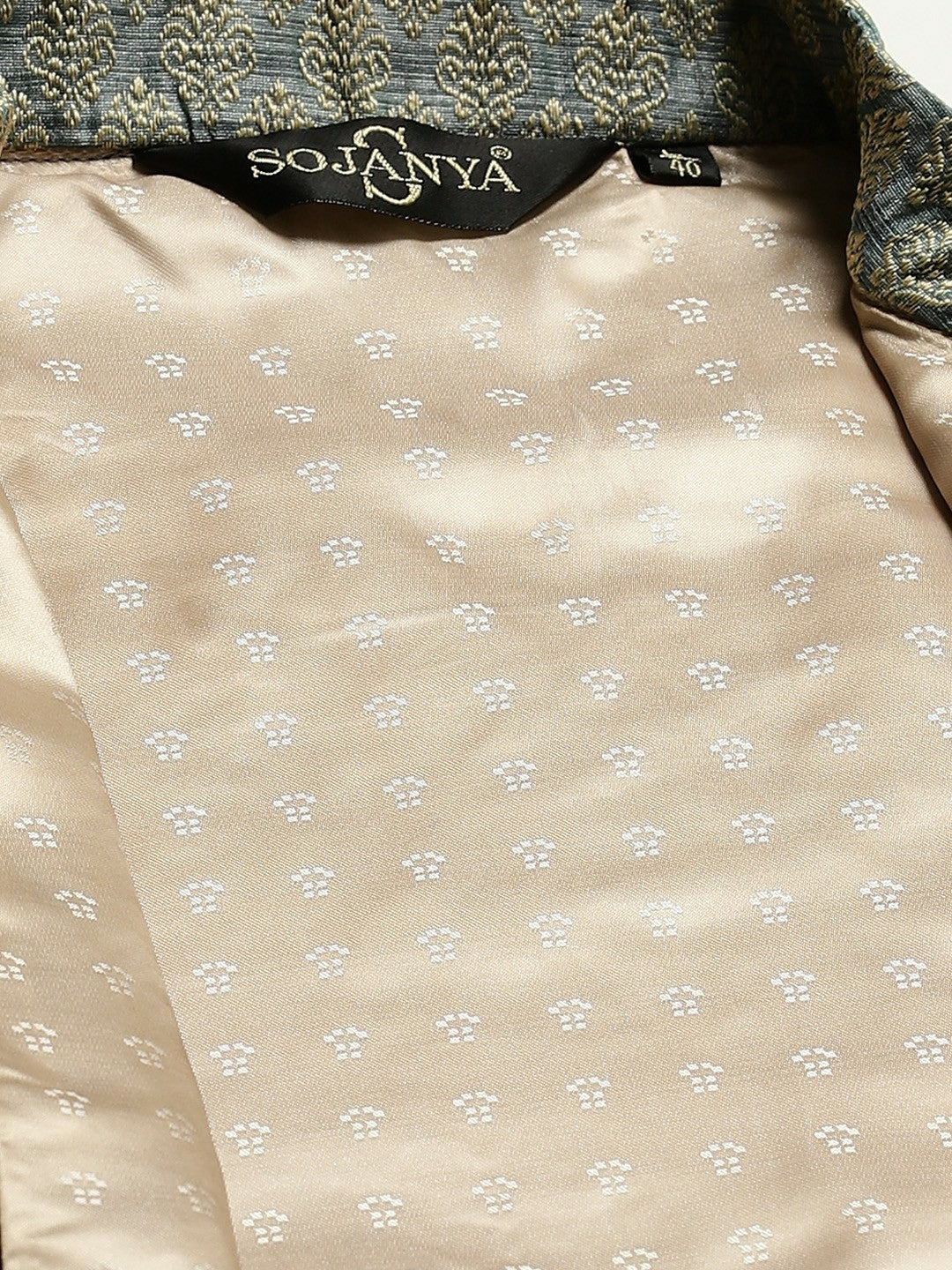 Men’s Green & Beige Woven Design Jacquard Silk Nehru Jacket – Traditional Elegance