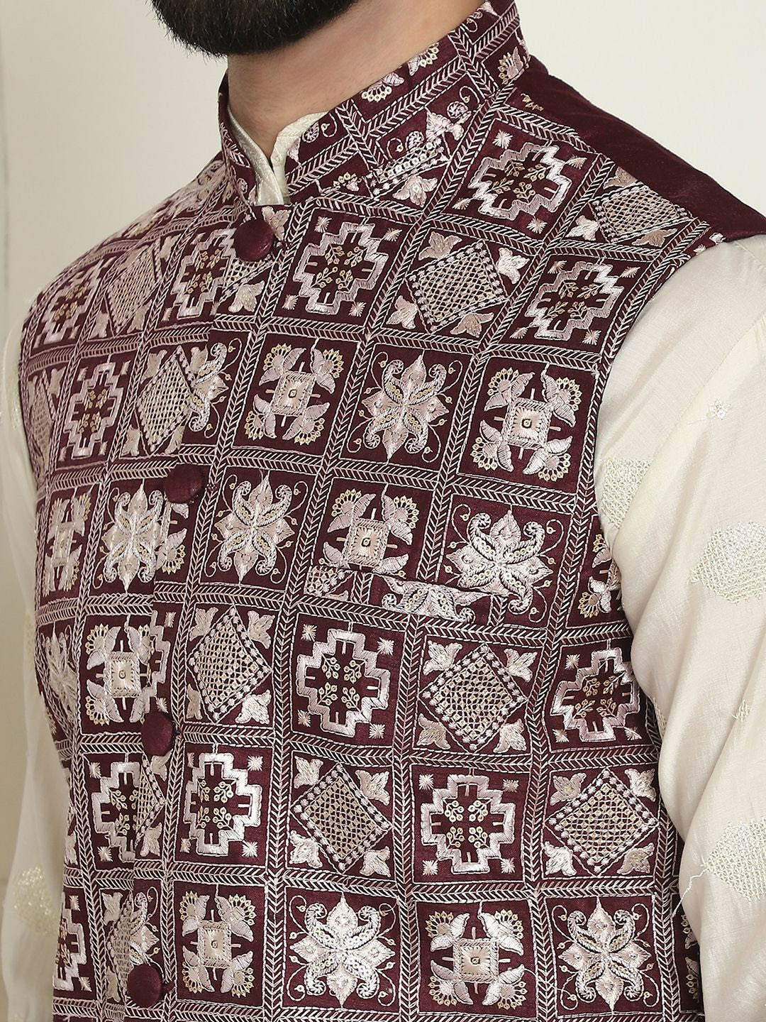 Men’s Maroon Embroidered Woven Nehru Jacket – Traditional Elegance