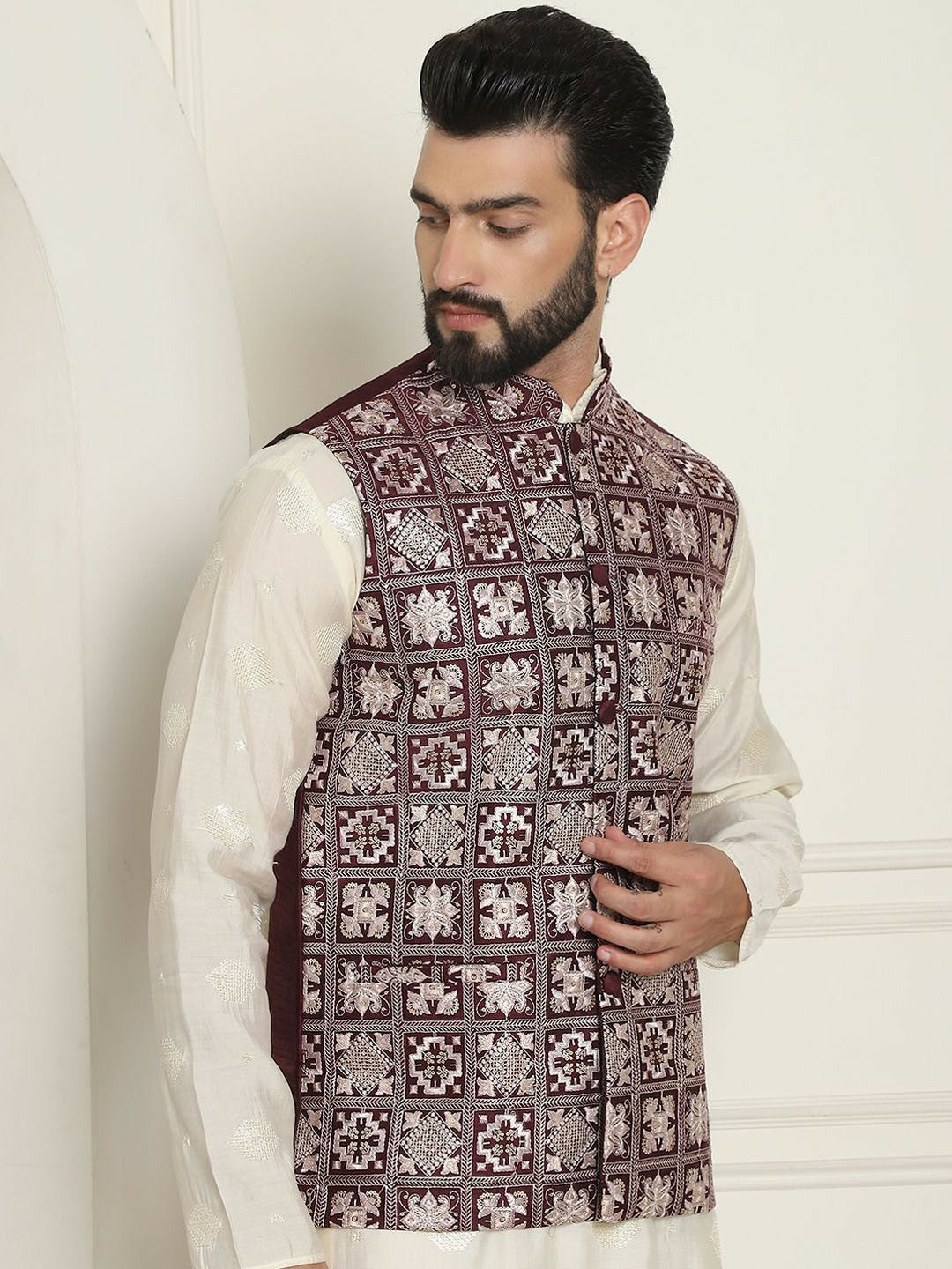 Men’s Maroon Embroidered Woven Nehru Jacket – Traditional Elegance
