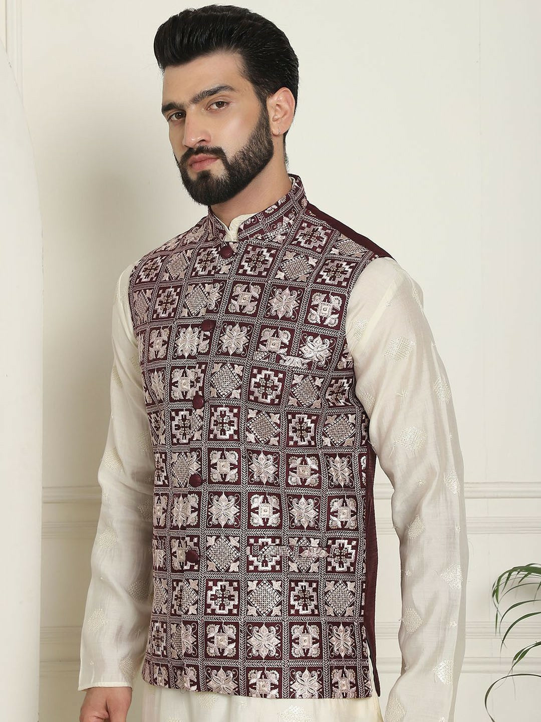 Men’s Maroon Embroidered Woven Nehru Jacket – Traditional Elegance