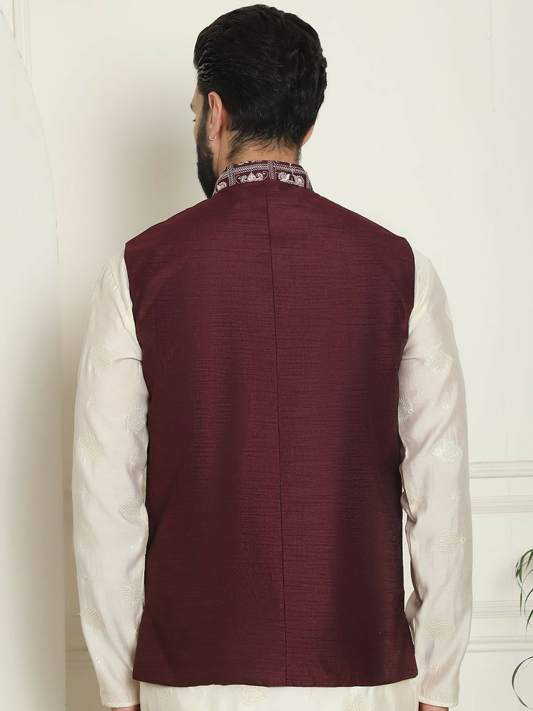Men’s Maroon Embroidered Woven Nehru Jacket – Traditional Elegance
