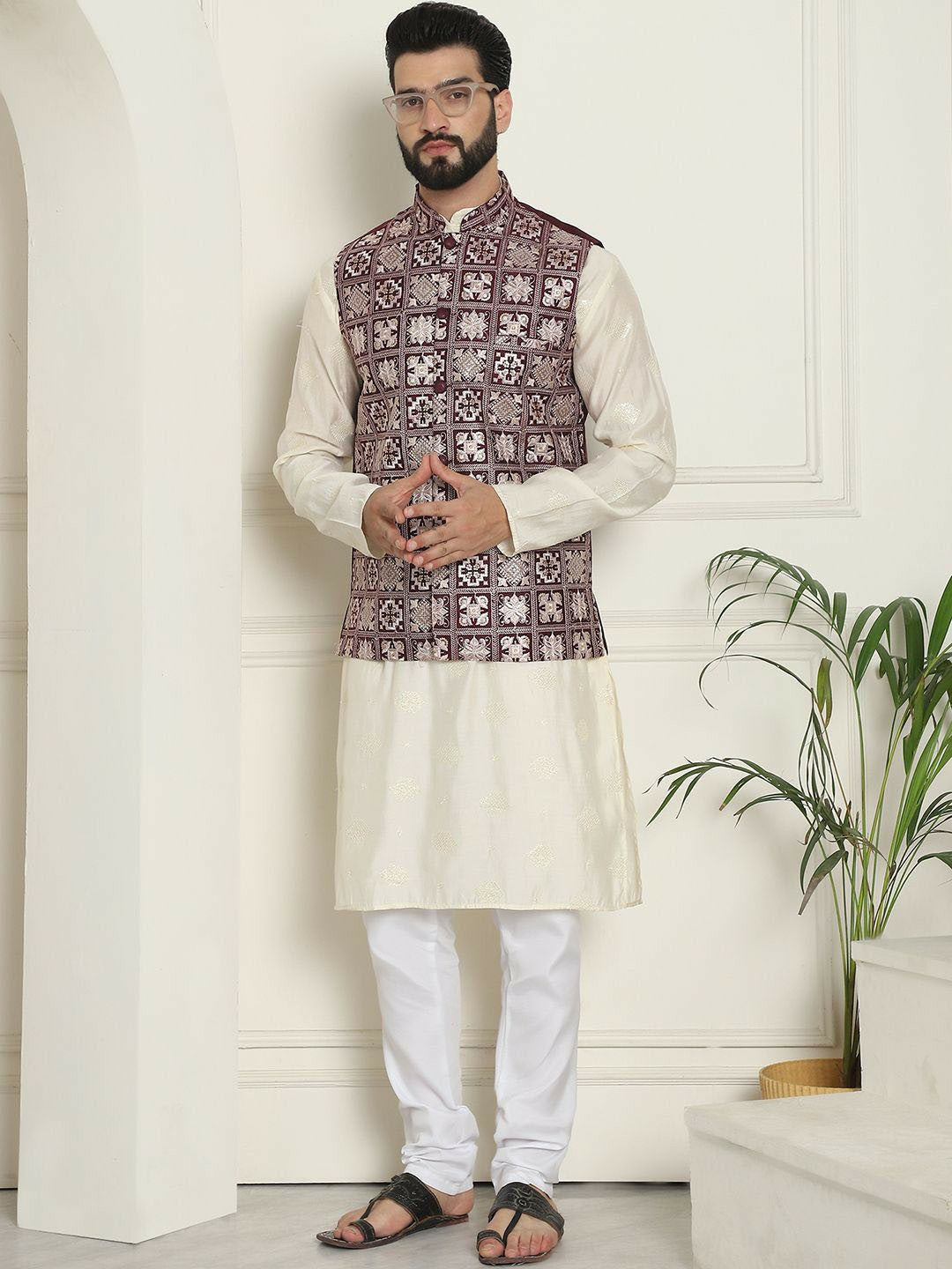 Men’s Maroon Embroidered Woven Nehru Jacket – Traditional Elegance